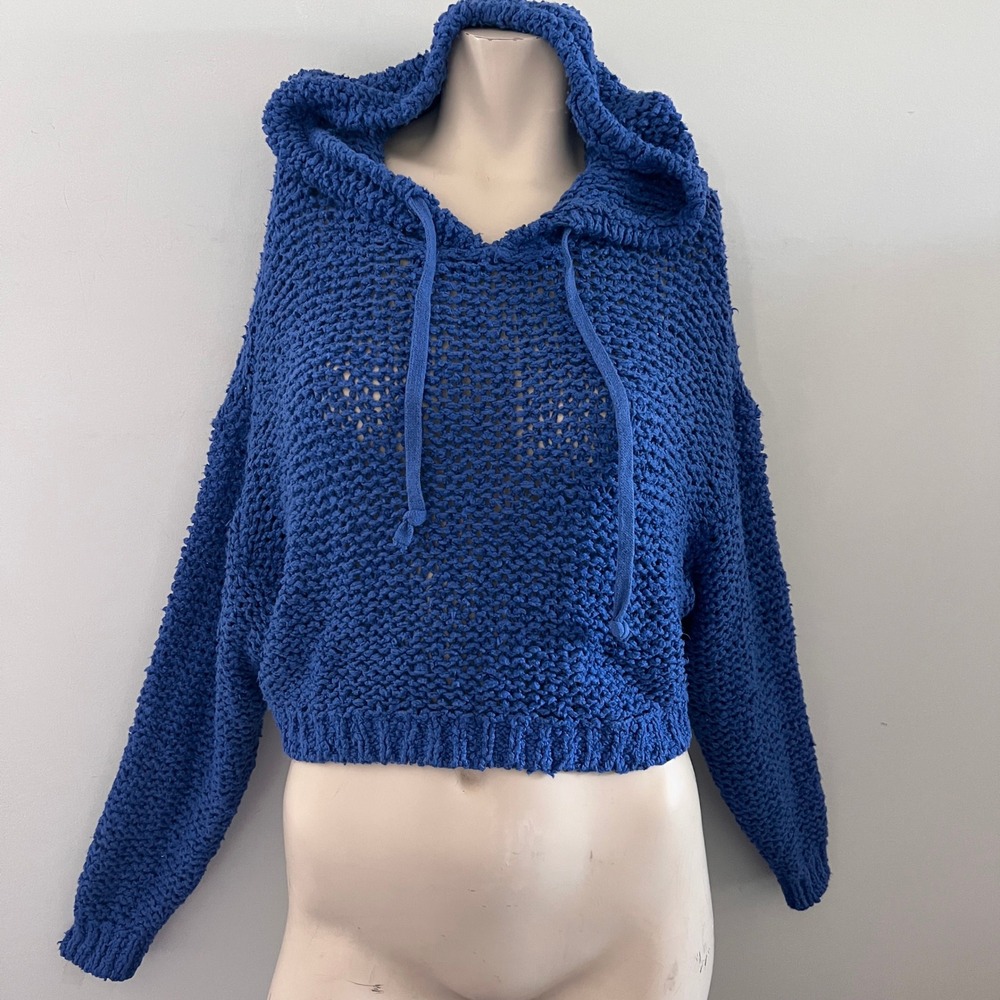 Pilcro Blue Shaggy Textured Knit Cropped Hoodie Pullover Sweater XS Cabincore